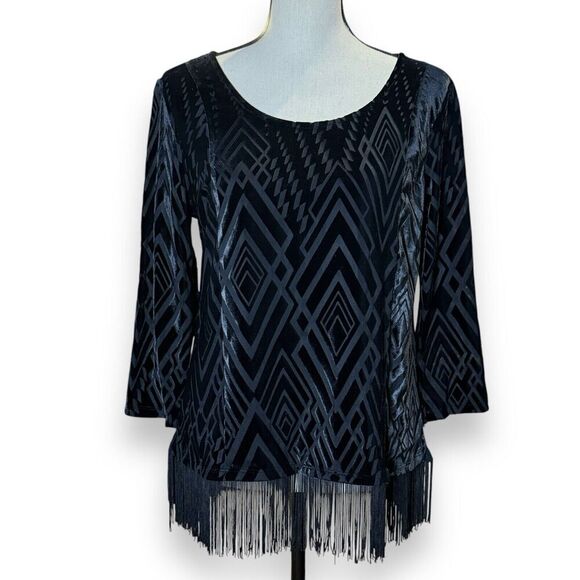 Vtg Valerie Stevens Womens Small Velvet Burnout Black Fringe Top Witchy Goth - Picture 1 of 10